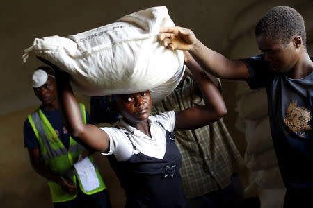 A woman carries food aid distributed by the United Nations World Food Progamme (WFP) in Mzumazi village near Malawi's capital Lilongwe, February 3, 2016. REUTERS/Mike Hutchings/File Photo