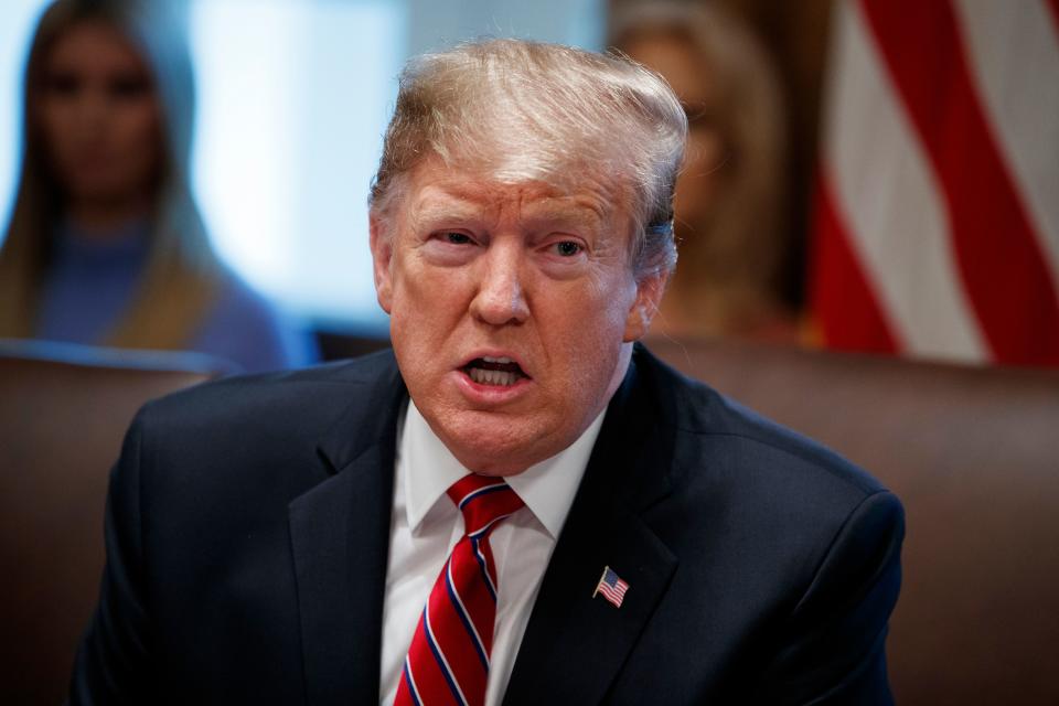 President Donald Trump speaks during a cabinet meeting at the White House, Feb. 12, 2019, in Washington.