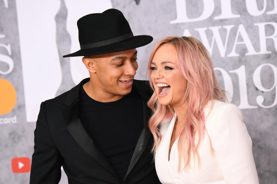 LONDON, ENGLAND - FEBRUARY 20: (EDITORIAL USE ONLY) Emma Bunton (R) and Jade Jones attend The BRIT Awards 2019 held at The O2 Arena on February 20, 2019 in London, England. (Photo by Jeff Spicer/Getty Images)