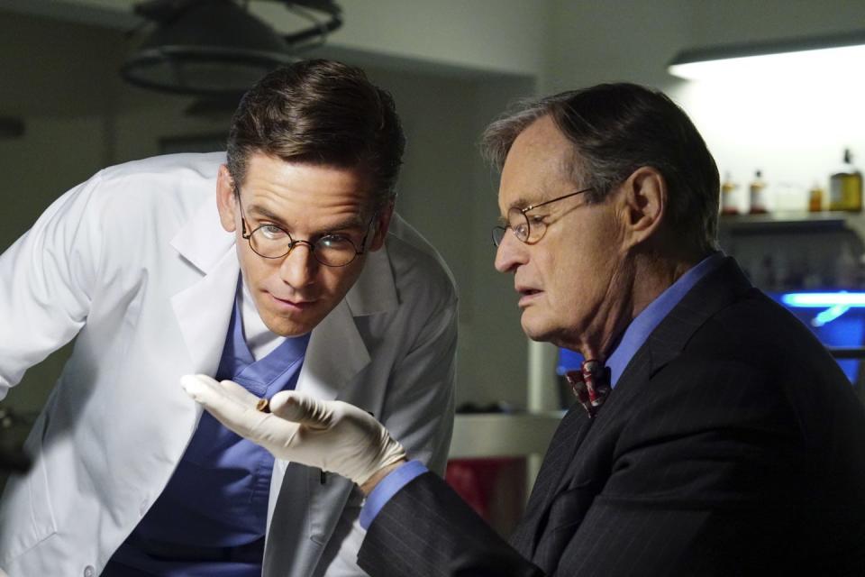 Brian Dietzen as Jimmy Palmer and David McCallum as Dr. Donald Duck Mallard in NCIS