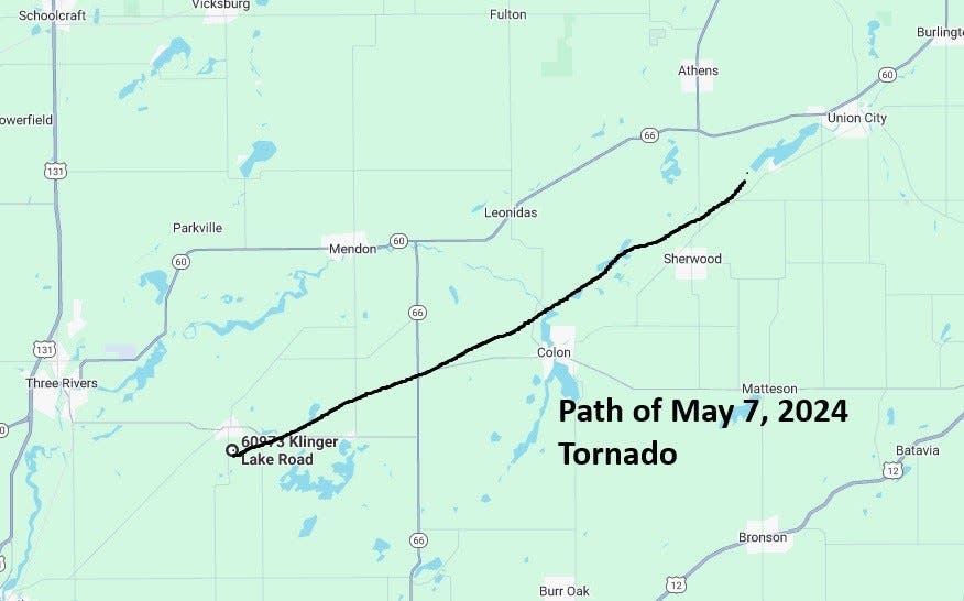 The map shows the nearly 20 miles path a multiple vortex tornado took Tuesday across St. Joseph and Branch counties.