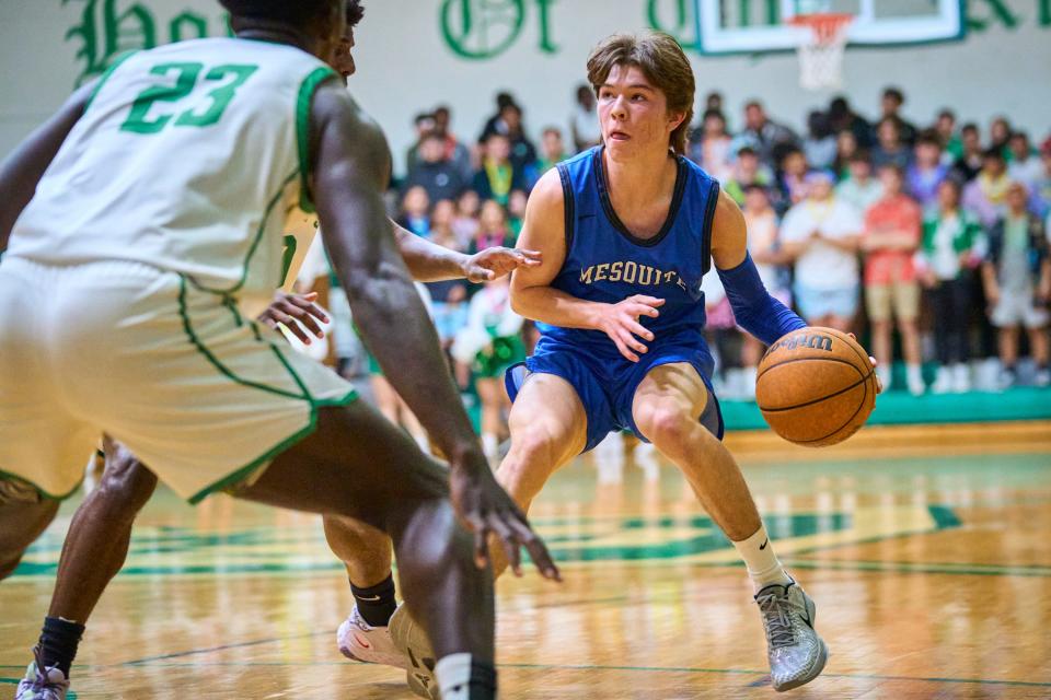 Jan 24, 2023; phoenix, az, usa; Mesquite Wildcats guard CohenJ Gonzales (1) looks to pass against the St. Mary’s Knights at St. Mary's high school gym in Phoenix, on Tuesday, Jan. 24, 2023. Mandatory Credit: Alex Gould/The Republic
