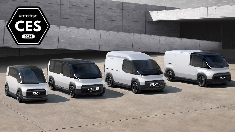 An image with a badge for Engadget Best of CES 2024 showing the product: Kia Platform Beyond Vehicles as a lineup of four van-style vehicles in a large paved outdoor area with large-scale modern architecture behind them.