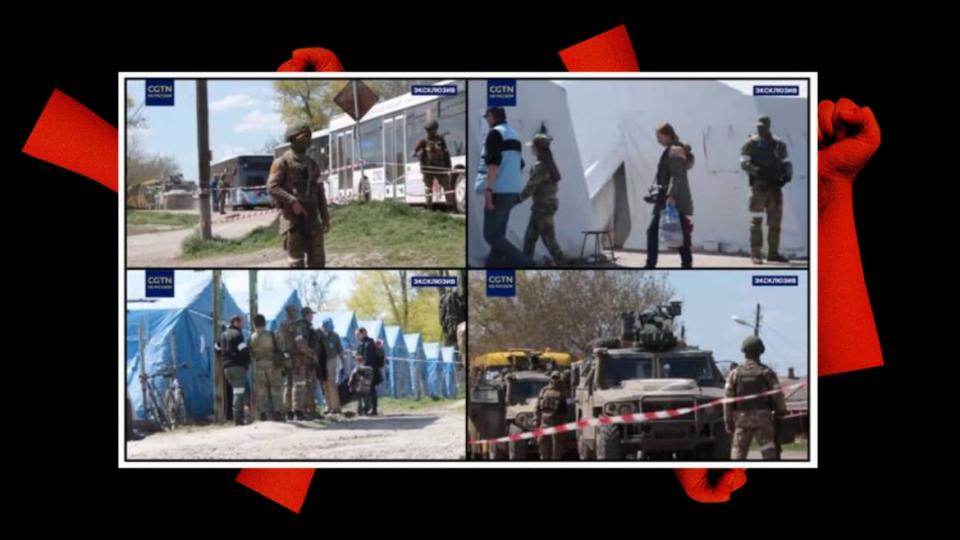 <div class="inline-image__caption"><p>Screenshots of the video showing heavily armed Russian personnel waiting and escorting refugees arriving in buses at the Bezimenne filtration camp, Donetsk.</p></div> <div class="inline-image__credit">Luis G. Rendon/The Daily Beast/Getty/Centre for Information Resilience</div>