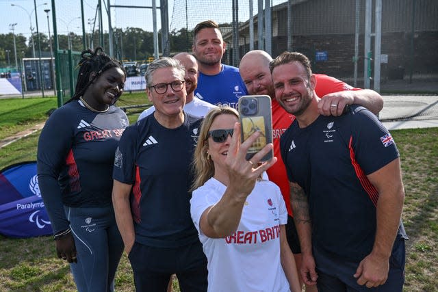 Sir Keir Starmer met British athletes on his visit to Paris, including Funmi Oduwaiye (left), Daniel Pembroke (second right), Aled Davies (right) and head of preparations Maria Adey (centre)