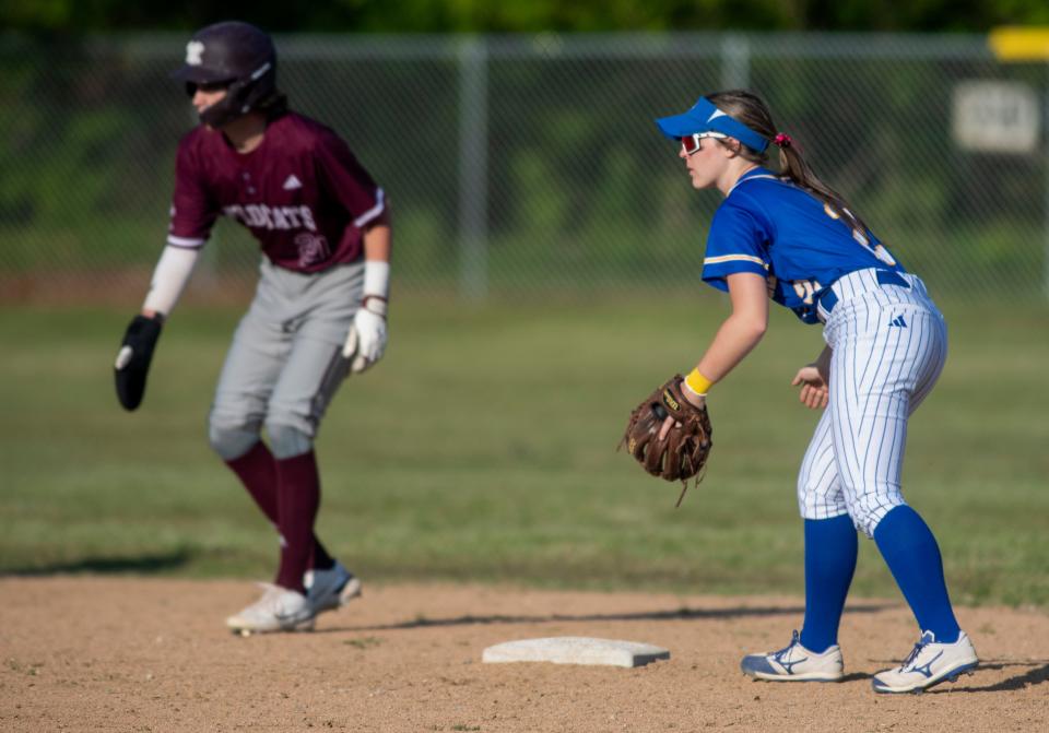 Evansville Christian’s Jacie Arnold guards second during their game against the Mt. Vernon Wildcats Wednesday, April 26, 2023.