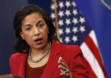 U.S. Ambassador to the United Nations Susan Rice speaks at the White House in Washington, in this February 28, 2011 file photo. REUTERS/Jim Young/Files