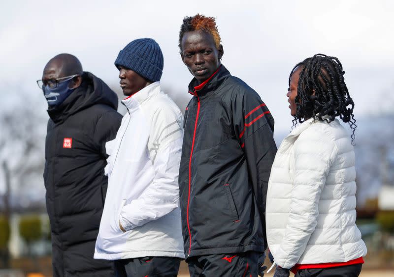 Athletes and a coach from South Sudan attend their training session in preparation for the Tokyo 2020 Olympic and Paralympic Games amid the coronavirus disease (COVID-19) outbreak, in Maebashi