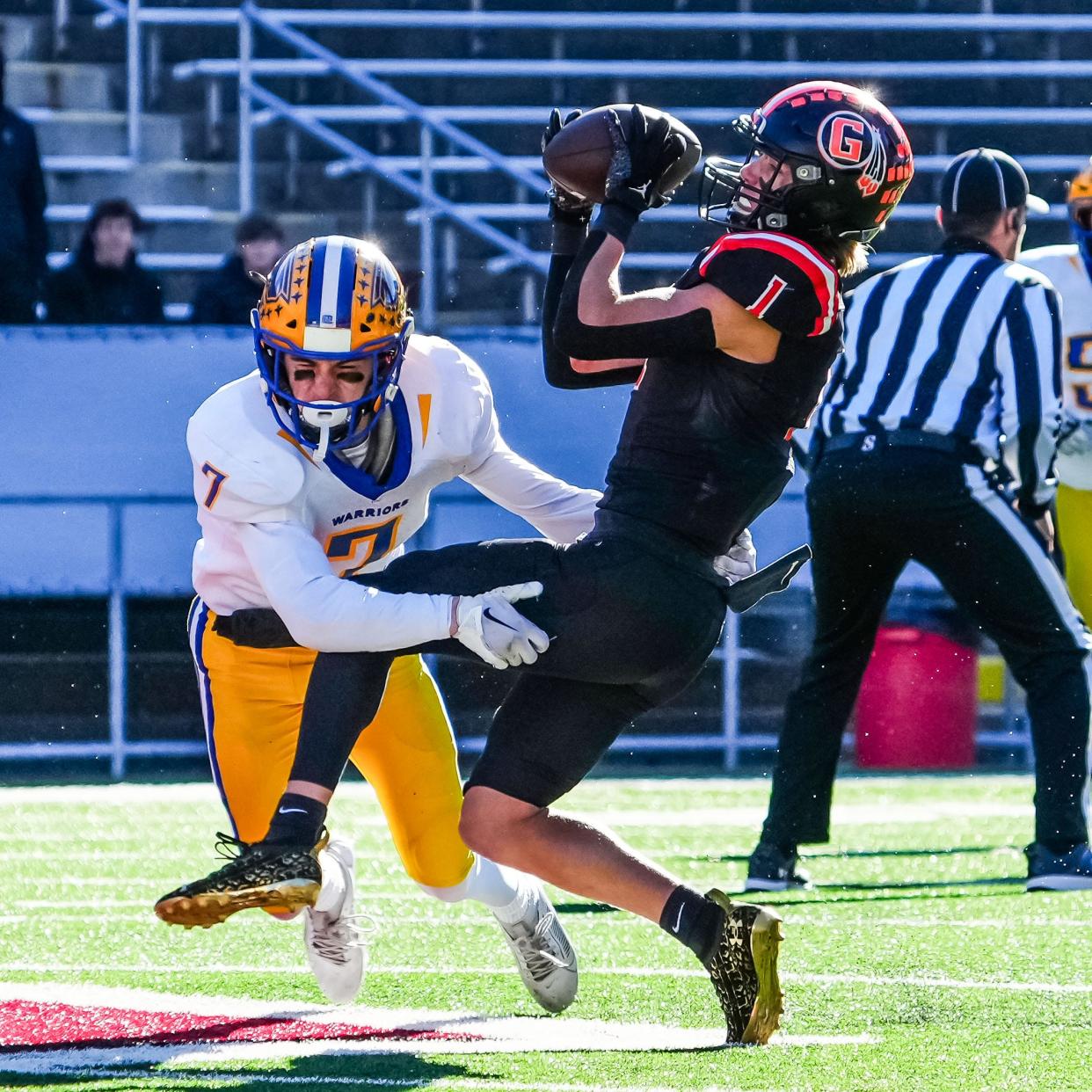 Grafton's Gavin Lempke (1) pulls in a pass during the WIAA Division 3 state championship football game against Rice Lake at Camp Randall Stadium in Madison on Friday, November 17, 2023.