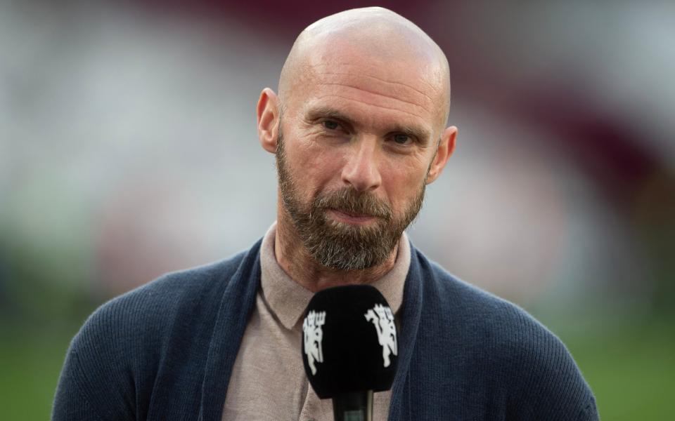 MUTV Presenter Luke Chadwick is seen prior to the Premier League match between West Ham United and Manchester United at London Stadium on May 07, 2023 in London, England