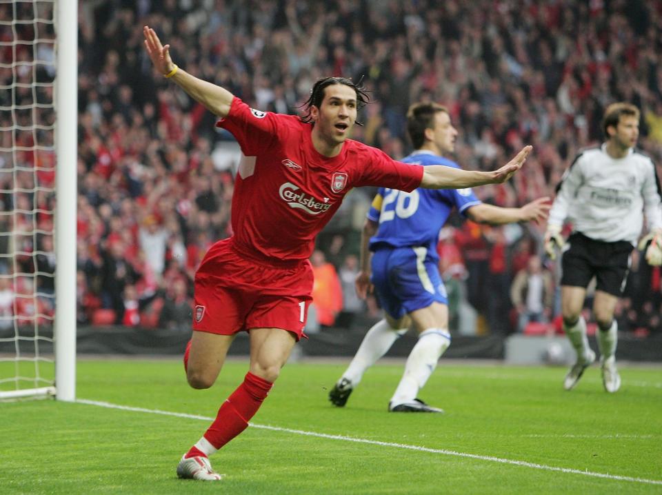 <p>…then wheels away in triumph to celebrate the ‘Ghost Goal’ that took Liverpool to the final </p>