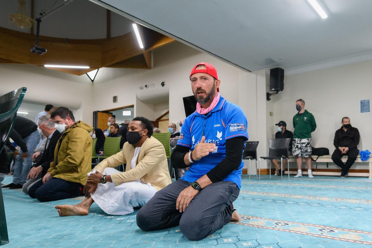 Temel Ataçocuğu  reacts as he arrives at Masjid An-Nur on March 15, 2022 in Christchurch, New Zealand.