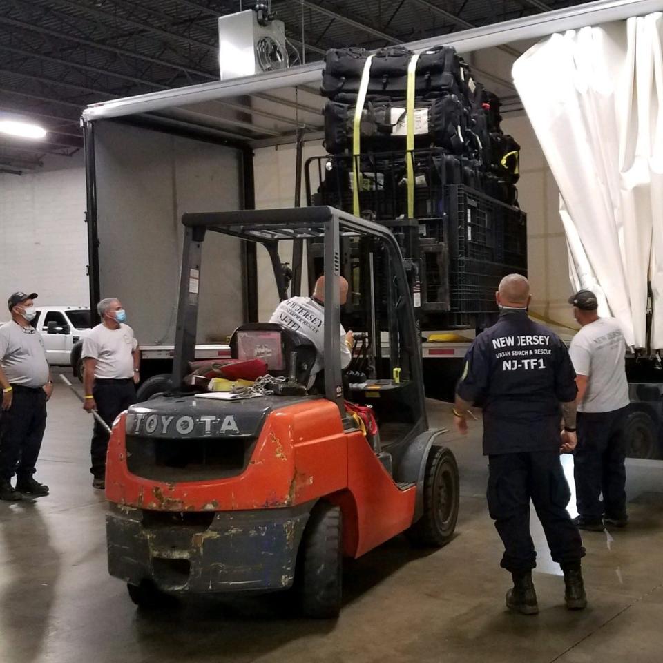 New Jersey Task Force 1 packs equipment that will be traveling to Louisiana as part of the rescue and recovery efforts following Hurricane Laura in August 2020.