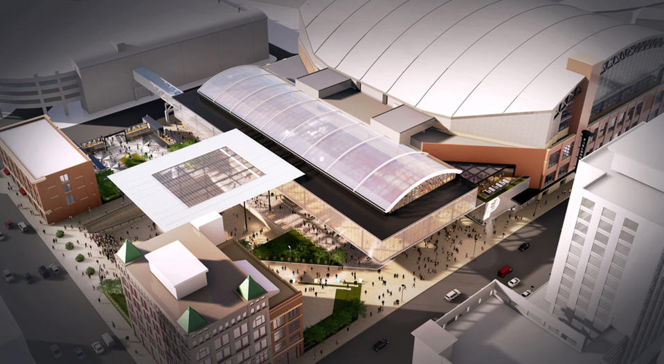 This rendering provided by the Indiana Pacers, shows renovations and expansion of the NBA basketball team's downtown arena in Indianapolis. The Pacers will stay in Indianapolis for 25 more years in a deal that includes $295 million in public subsidies. The Marion County Capital Improvement Board voted Friday, April 12, 2019, in favor of the agreement. (Indiana Pacers via AP)