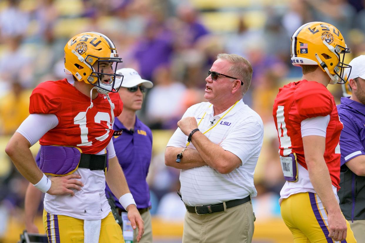 LSU head coach Brian Kelly speaks with Tigers quarterback Garrett Nussmeier during the Tigers' spring game in April. Kelly moved to LSU after a highly successful stint at Notre Dame.