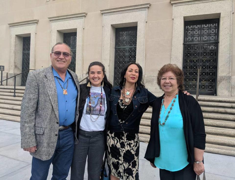 Members of the Southern Sierra Miwuk Nation outside the Office of Federal Acknowledgment in Washington, D.C., in April 2019. From left, Bill Leonard, Irene Vasquez, Tisina Parker, and Lois Martin.