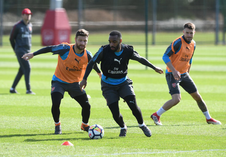 Alexandre Lacazette and Shkodran Mustafi of Arsenal during the 1st team training session at London Colney