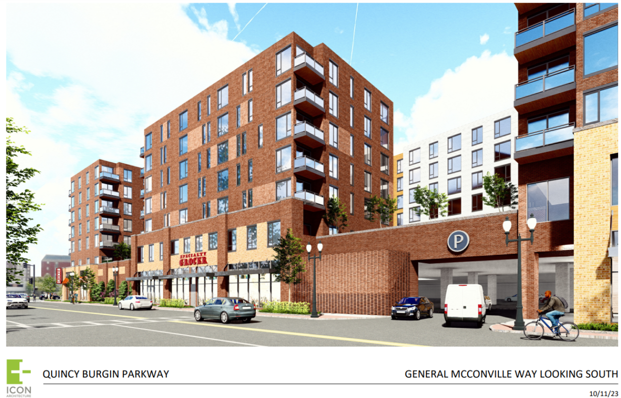 A rendering shows a proposed multiuse development at the site of the IHOP in Quincy Center. A specialty grocer identified as Trader Joe's could occupy retail space on the first floor, with residential towers above and public parking garage attached.