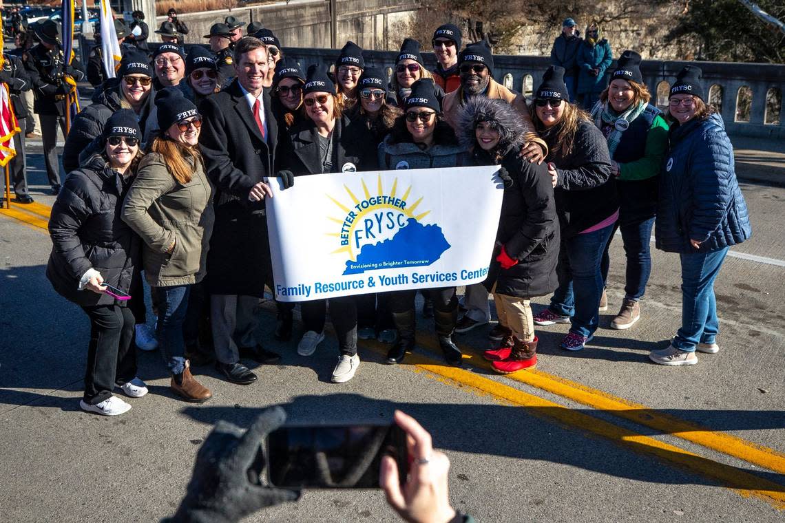 Kentucky Gov. Andy Beshear poses for a photo before the Inaugural Parade along Capital Avenue in Frankfort, Ky., on Tuesday, Dec. 12, 2023.