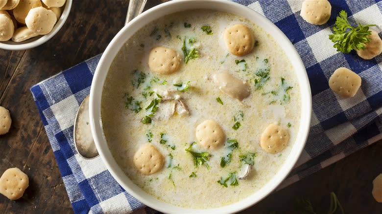 Soup garnished with oyster crackers