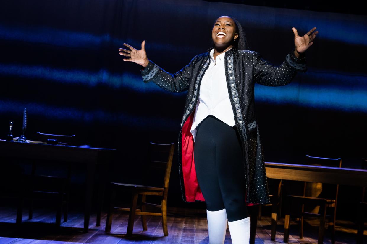 Crystal Lucas-Perry plays Quincy's founding father John Adams in "1776" at American Repertory Theater.