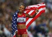 <a href="http://sports.yahoo.com/olympics/track-field/allyson-felix-1132858" data-ylk="slk:Allyson Felix;elm:context_link;itc:0;sec:content-canvas" class="link ">Allyson Felix</a>of the United States celebrates after winning gold in the Women's 200m Final on Day 12 of the London 2012 Olympic Games at Olympic Stadium on August 8, 2012 in London, England. (Photo by Quinn Rooney/Getty Images)