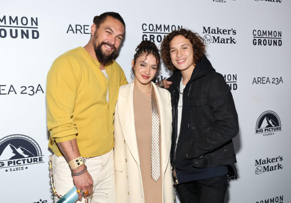 BEVERLY HILLS, CALIFORNIA - JANUARY 11: (L-R) Jason Momoa, Lola Iolani Momoa and Nakoa-Wolf Momoa attend the Los Angeles special screening of "Common Ground" at Samuel Goldwyn Theater on January 11, 2024 in Beverly Hills, California. (Photo by Amy Sussman/Getty Images)