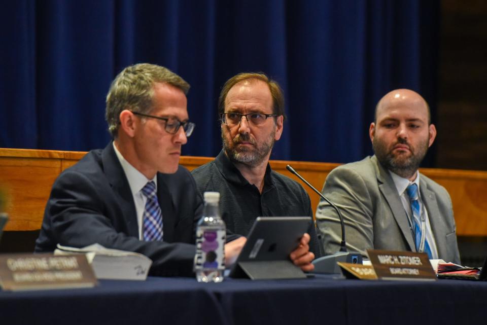 Randolph Board of Education Attorney Marc Zitomer, Ron Conti board president and Randolph Acting Superintendent and Business Administrator Stephen Frost during the BOE of meeting on March 22, 2022.