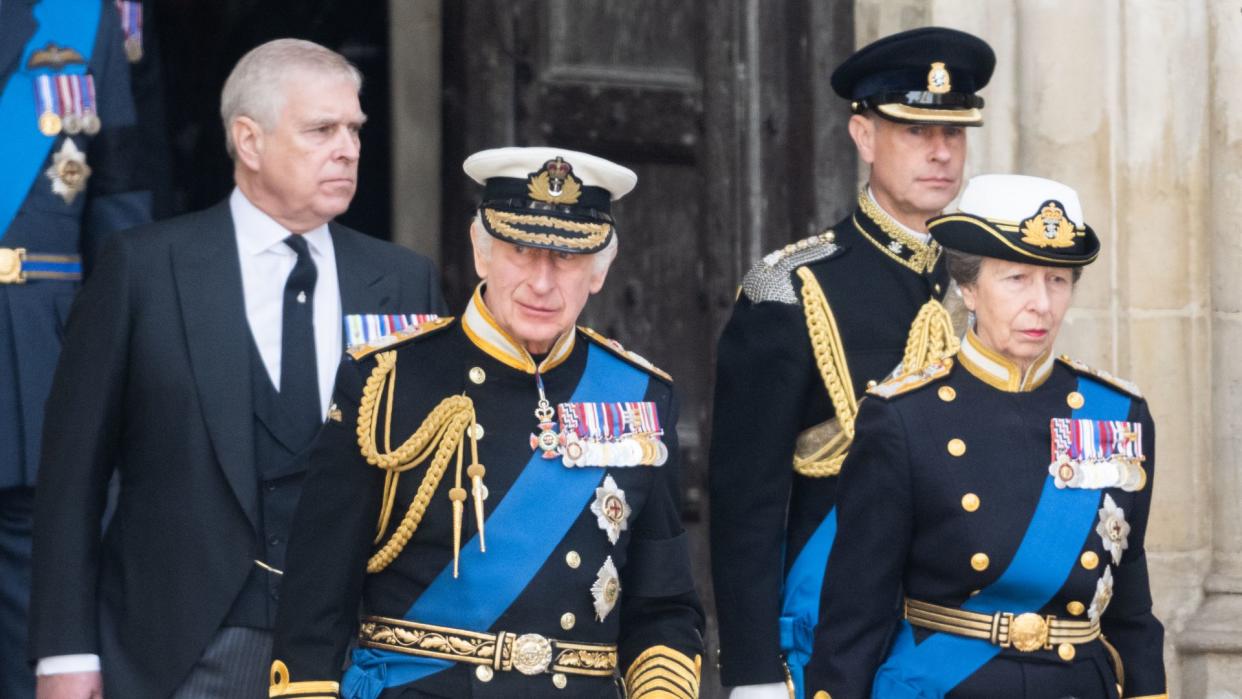 Prince Andrew walking with King Charles, Princess Anne and Prince Edward