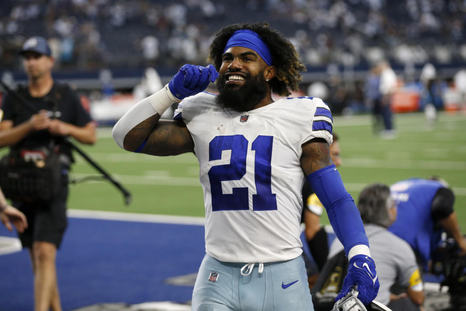 Dallas Cowboys running back Ezekiel Elliott has played better each week this season, and Sunday's performance against the Carolina Panthers looked worthy of his big contract. (AP Photo/Roger Steinman)