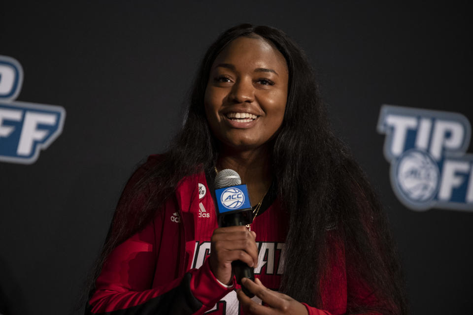 North Carolina State forward Kayla Jones answers a question during NCAA college basketball Atlantic Coast Conference media day, Wednesday, Oct. 13, 2021, in Charlotte, N.C. (AP Photo/Matt Kelley)