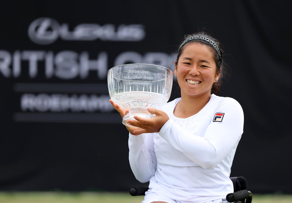 LONDON, ENGLAND - JULY 05: Yui Kamiji of Japan poses for photos after winning her match against Diede De Groot of Netherlands during the Lexus British Open Roehampton at Wimbledon Qualifying and Community Sports Centre on July 05, 2024 in London, England. (Photo by Tom Dulat/Getty Images for LTA)