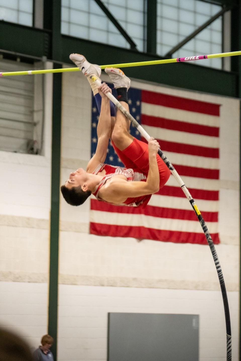 Oregon pole vaulter Leo Cardenas took third in Class 1A during action at the Illinois Top Times Indoor State Meet in Bloomington on Friday, March 22, 2024.