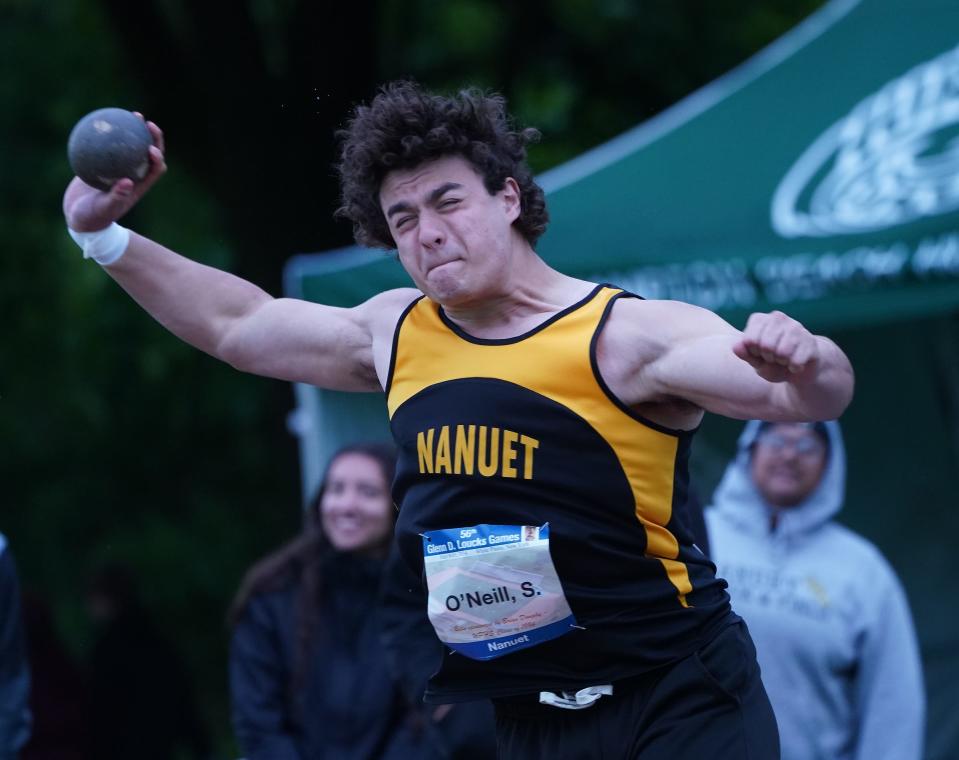 Nanuet's Shane O'Neill competes in the shot put during day 2 action at the 56th annual Glenn D. Loucks Games at White Plains High School on Friday, May 10, 2024.