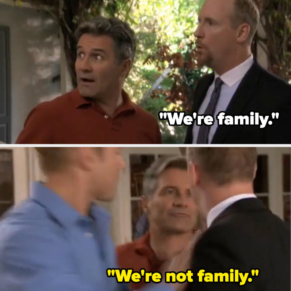 one man says "We're family" and other replies "We're not family."