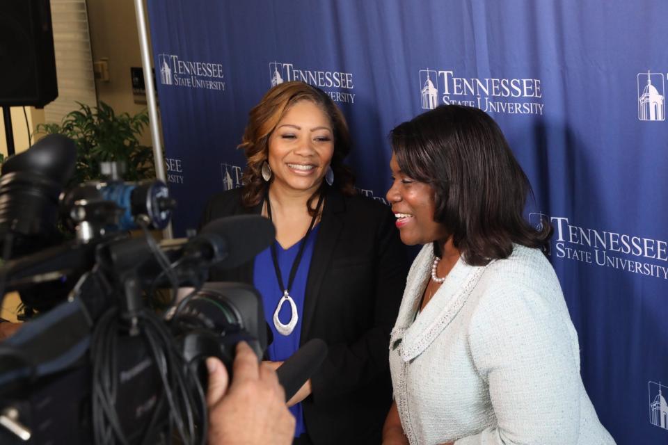 Metro Nashville Public Schools Director Adrienne Battle (left) laughs with Glenda Glover, president of Tennessee State University, during a press event in Kean Hall on TSU's campus  in Nashville, Tenn. on Wednesday, May 18, 2022.