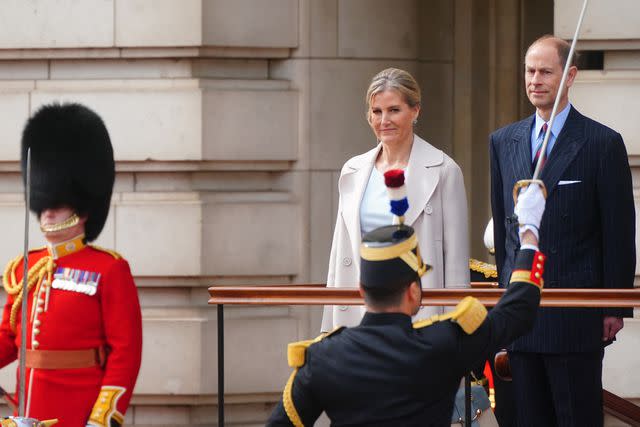 <p>VICTORIA JONES/POOL/AFP via Getty</p> Sophie, Duchess of Edinburgh and Prince Edward at Buckingham Palace in London on Monday April 8, 2024