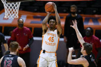 FILE - In this Dec. 21, 2020, file photo, Tennessee's Keon Johnson (45) shoots as St. Joseph's Ryan Daly, right, defends during an NCAA college basketball game in Knoxville, Tenn. Johnson played one season with the Volunteers and is one of the top shooting guards in the NBA draft. (Saul Young/Knoxville News Sentinel via AP, Pool, File)