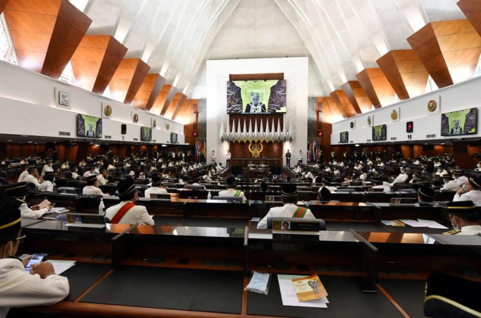 The Yang di-Pertuan Agong Al-Sultan Abdullah Ri’ayatuddin Al-Mustafa Billah Shah delivers the royal address during the opening of the first meeting of the third session of the 14th Parliament in Kuala Lumpur May 18, 2020. — Bernama pic