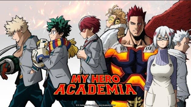 The title screen with Bakugo, Midoriya, Todoroki, Hawk, Endeavor,