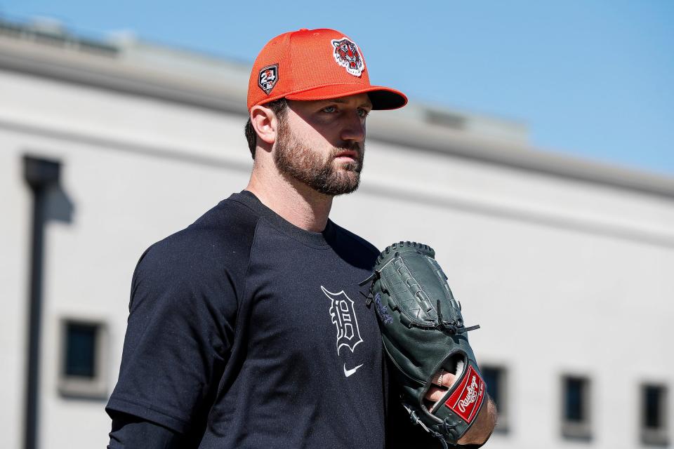 Detroit Tigers pitcher Casey Mize walks towards the field for practice during spring training at Tigertown in Lakeland, Fla. on Wednesday, Feb. 14, 2024.