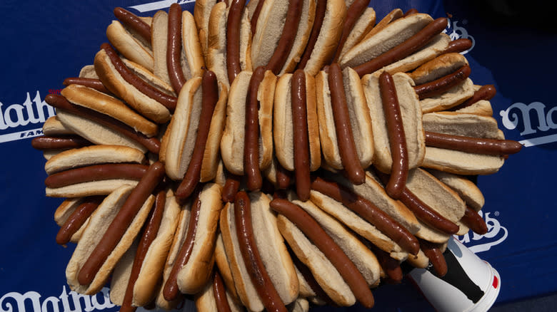 Pile of Nathan's hot dogs