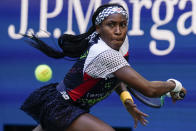 FILE - Coco Gauff, of the United States, returns a shot to Madison Keys, of the United States, during the third round of the U.S. Open tennis championships, Friday, Sept. 2, 2022, in New York. Top-ranked Iga Swiatek and 18-year-old American Coco Gauff have been drawn into the same round-robin group at the WTA Finals, which starts Monday, Oct. 31, 2022. (AP Photo/Seth Wenig)