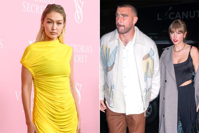 Gilbert Flores/Getty Images; Gotham/GC Images Gigi Hadid and Taylor Swift with Travis Kelce