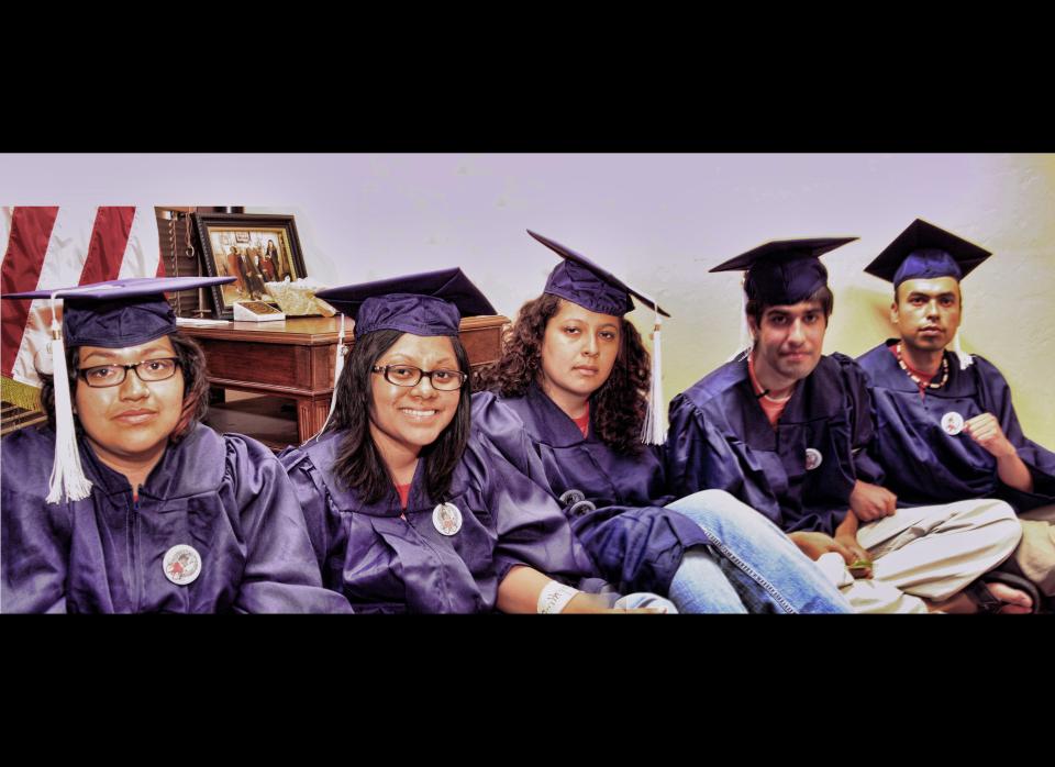 Tania, Lizbeth, Yahaira, Mohammad and Raul stage a sit-in inside Senator McCain's office. The five activists wear pinback buttons with the faces of Cinthya Felix and Tam Tran, two undocumented graduate students who passed away in May 2010, and among the nation's first and most outspoken advocates for the federal DREAM Act. Courtesy of Anselmo Rascon.