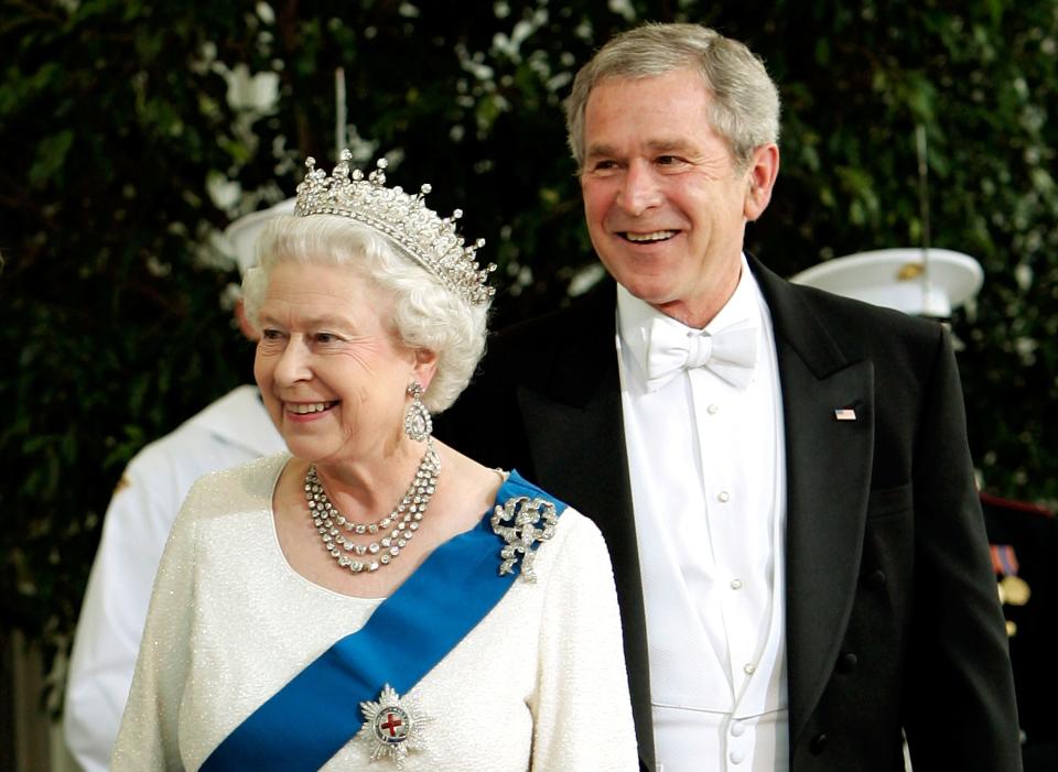 President George W. Bush and Her Majesty Queen Elizabeth II on the White House's North Portico for a formal white-tie state dinner on May 7, 2007. Queen Elizabeth II and Prince Phillip, the Duke of Edinburgh, were on a six day trip to the United States.