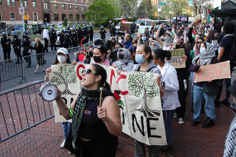 PHOTO: Pro-Palestinian activists protest outside Columbia University in New York City on April 20, 2024. (Leonardo Munoz/AFP via Getty Images)