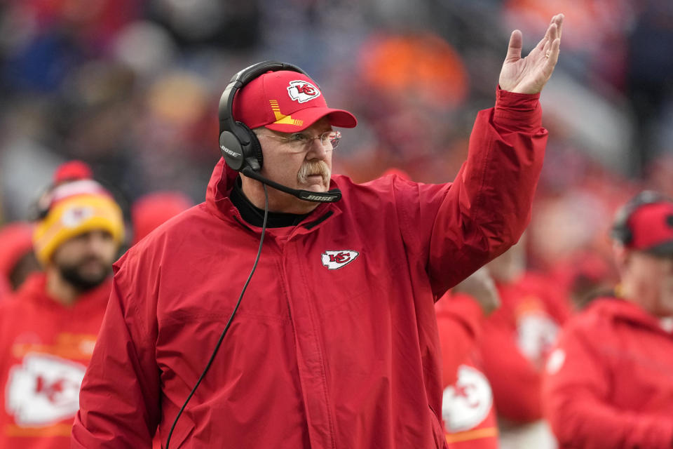 Kansas City Chiefs head coach Andy Reid gestures during the second half of his team's NFL football game against the Denver Broncos Saturday, Jan. 8, 2022, in Denver. (AP Photo/David Zalubowski)