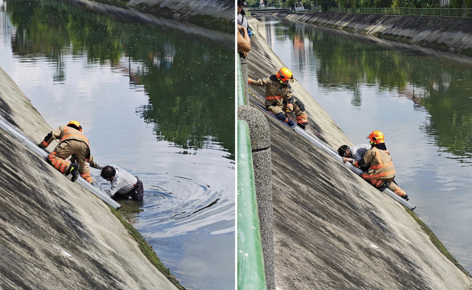 Cyclist borrows ladder and climbs down Telok Kurau canal to rescue man who fell 