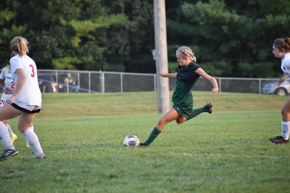 Monrovia's Emery Newlin lined up to take a shot at the goal in the second half of action against Martinsville on Sept. 29, 2021.